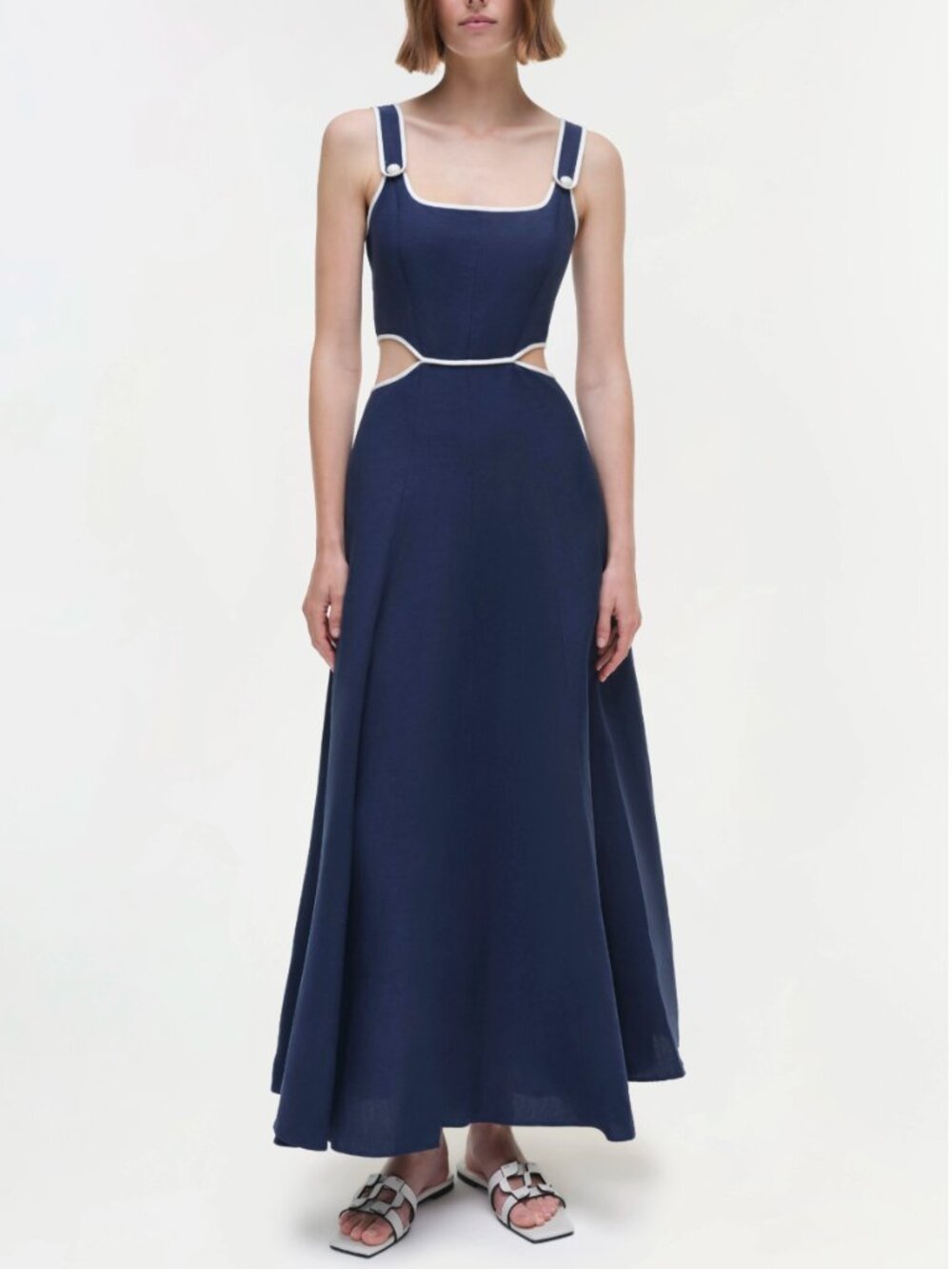 NWT SIMKHAI Amren Cut Out Midi Dress Navy White Trim